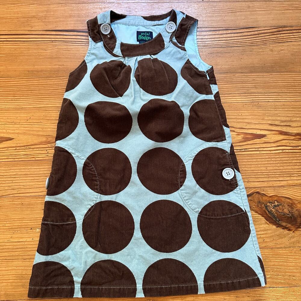 Mini Boden light blue brown‎ polka dot corduroy overall dress SIZE 7